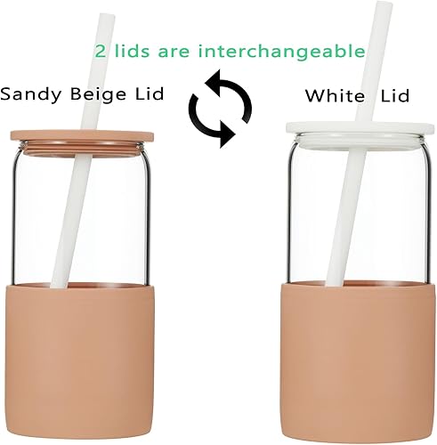 Miniatura 2 de Vasos de vidrio con tapas y popotes, vaso con tapa y pajilla, taza de café helado de 16 onzas, tapas de silicona proporcionan una fuerte protección,