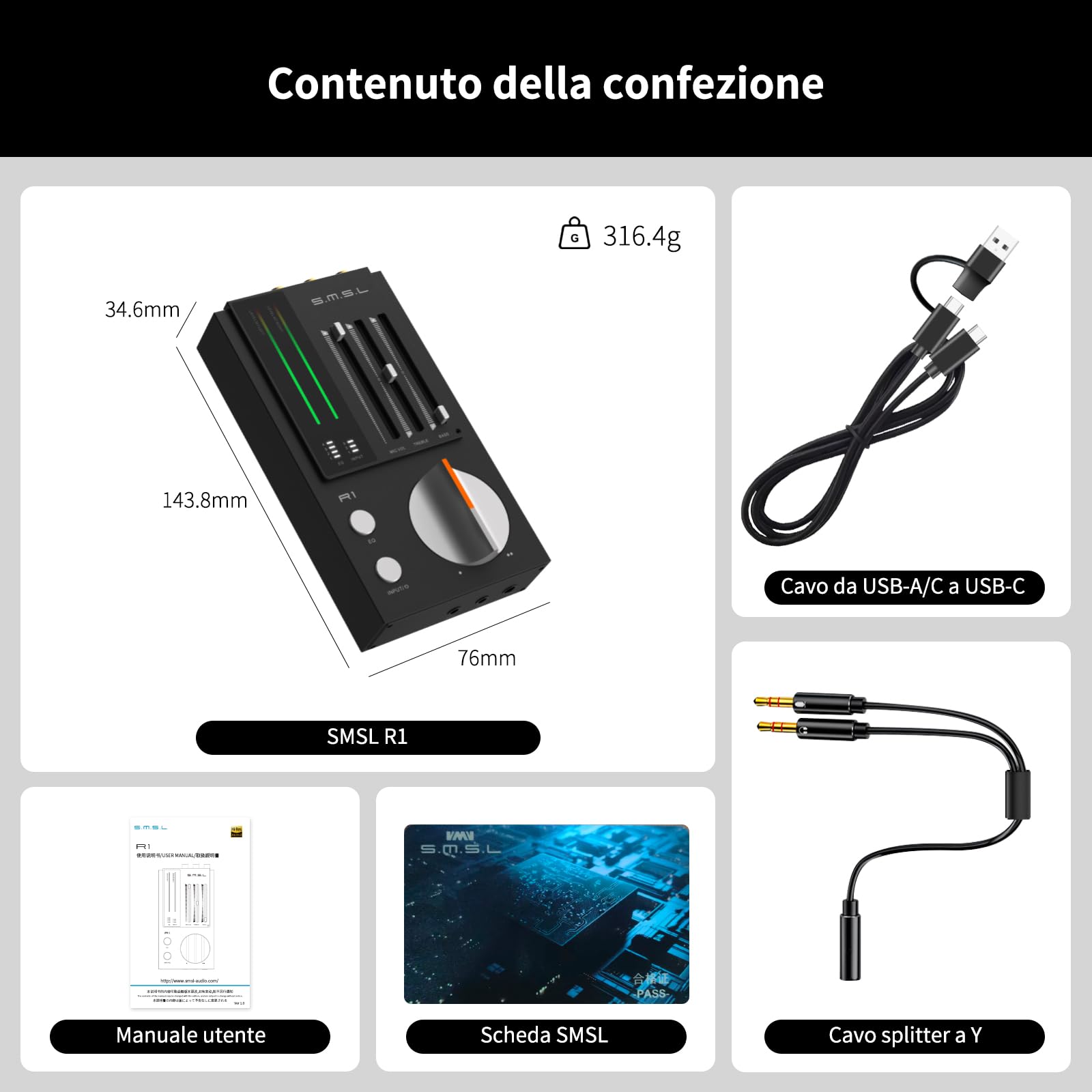 SMSL R1 DAC Amplificatore per Cuffie, Convertitore Audio Digitale ad Analogico Desktop USB C per Gaming PC PS5, Ingresso Microfono/USB/OTTICO/Coassiale, Uscita Bilanciata 3,5 mm/4,4 mm/RCA, Nero
