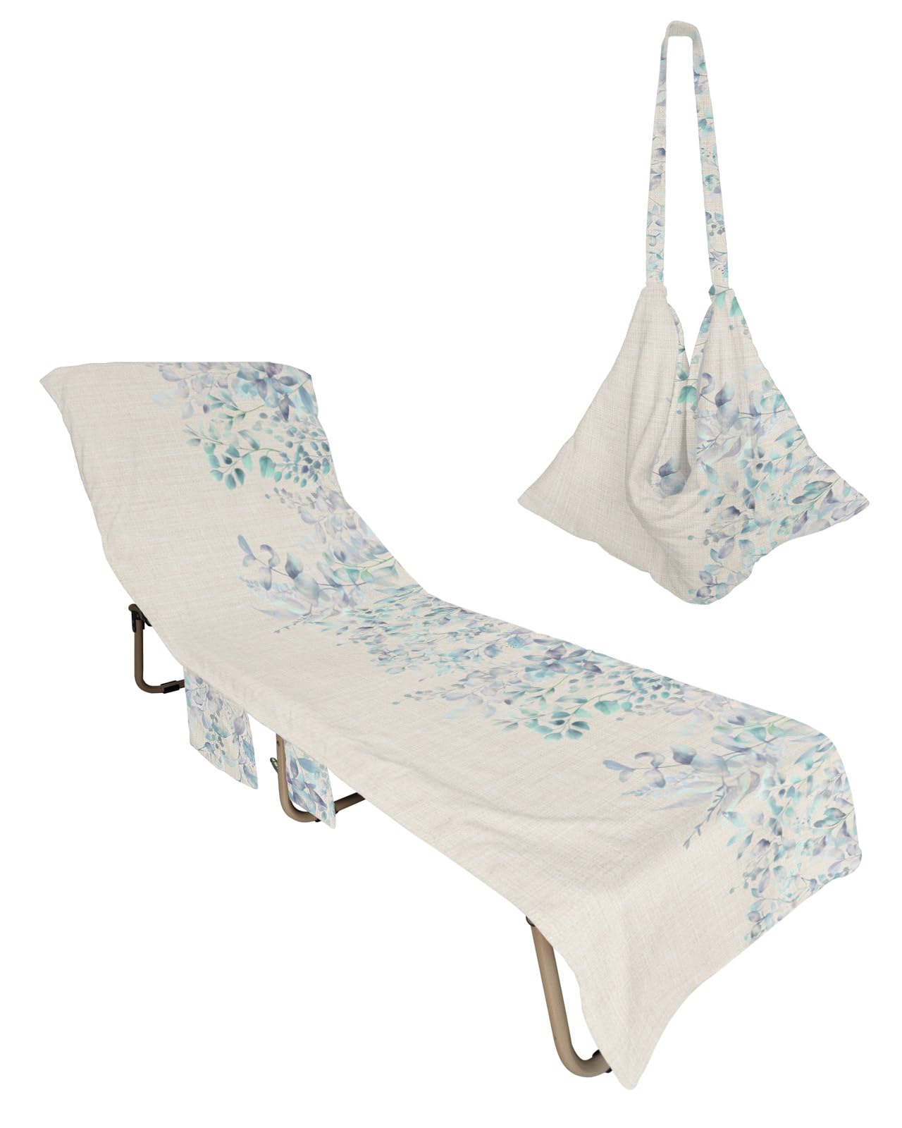 Teal Botanical Beach Lounge Chair Towel Cover, Soft Chaise Lounge Towel with Side Pockets Patio Pool Chairs Cover for Beach/Pool Sunbathing 29x85 Rustic Weeping Spring Floral Summer Plants