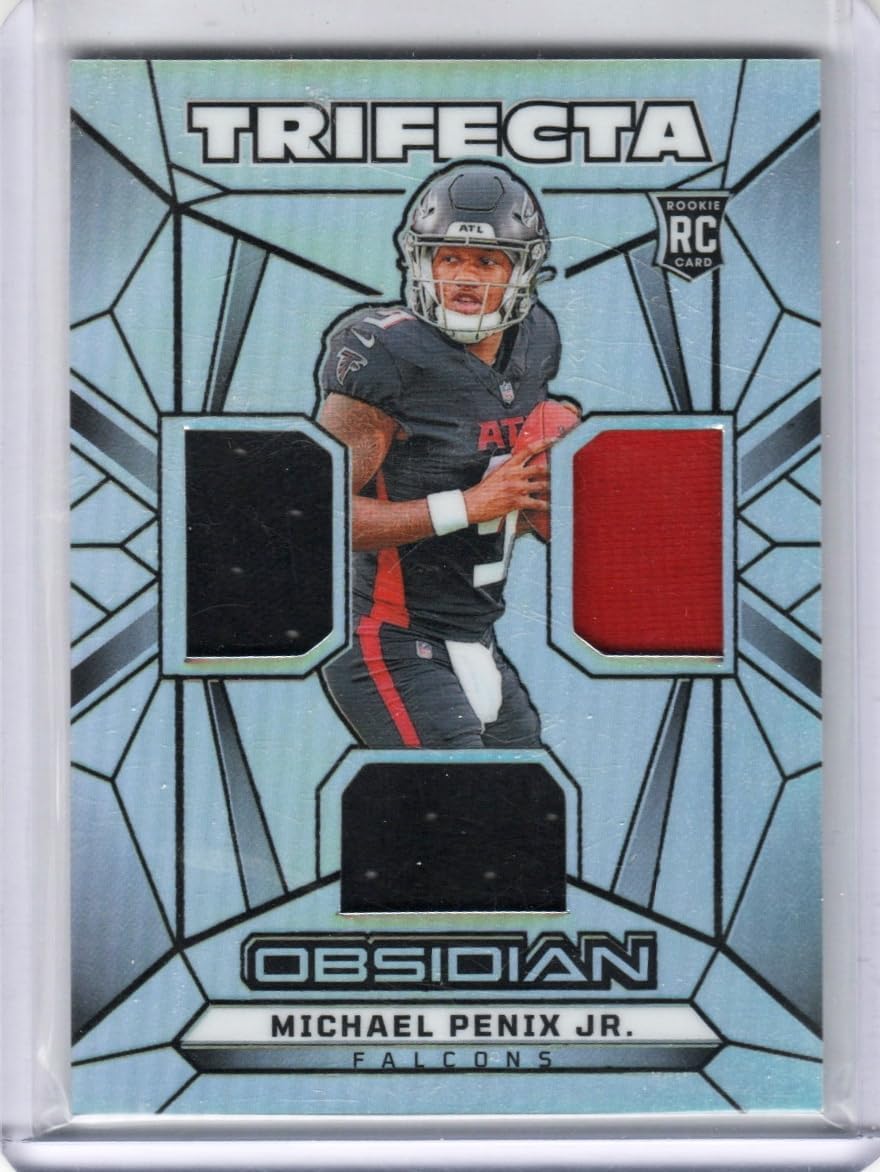 Michael Penix Jr Serial Numbered #54/99 Trifecta Authentic Game Worn Jersey Relic Triple Memorabilia Card - 2024 Obsidian Football Card #TS-MPJ (Falcons)