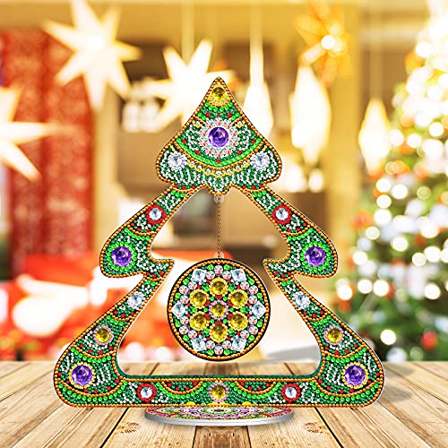 Image of AiYuanzsh Christmas Tree Diamond Art Tabletop Ornament with Hanging Charm, Acrylic Diamond Painting Desktop Decoration Kit, Large DIY Holiday Diamond Art Crafts 11.42 x 11.61 inch