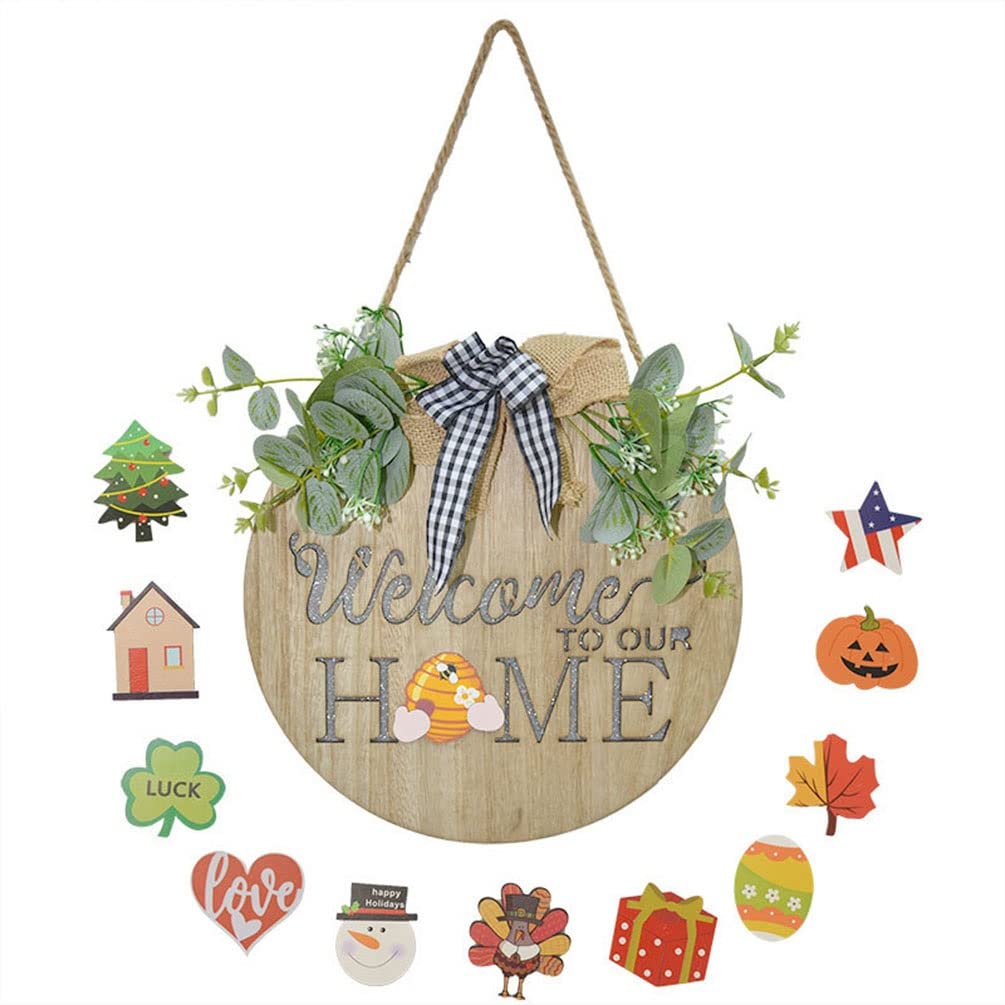 ZPP Welcome Sign For Front Door Interchangeable Porch Welcome Home Sign With LED Light Rustic Outdoor Hanging Seasonal Wooden Wreaths Farmhouse House Wall Decor Housewarming Gift (Color : A)