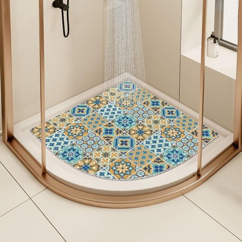 Shijhui Blue Corner Shower Mat For Inside Shower, Non-Slip Anti Mould Sector Loofah Bath Mat, Curved Quadrant Bath Mat For Bathroom Wet Area With Drain (, 60X60cm)