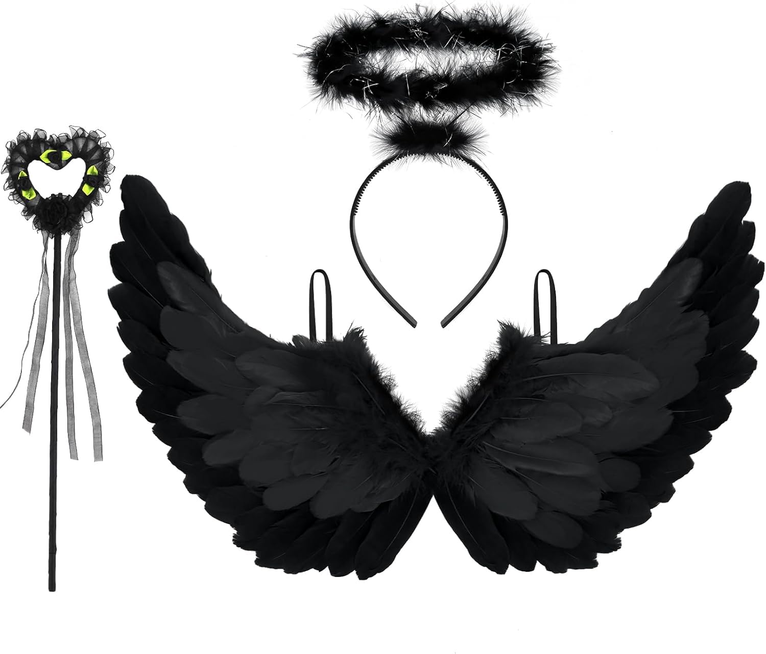 Newthinking Angel Wings and Halo for Adults Kids, Black Feather Wings Halloween Angel Fairy Costume Cosplay