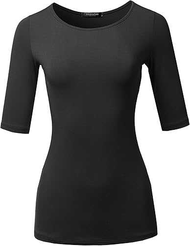 Miniatura 3 de SSOULM Camiseta básica elástica de manga 12 con cuello redondo y corte ajustado para mujer, talla grande