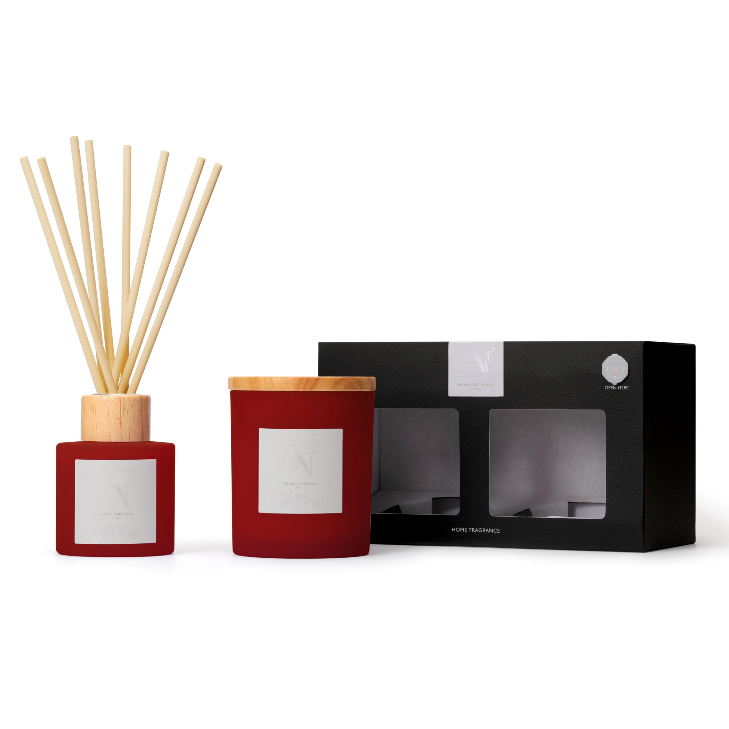 Aroma Naturals Frosted Decadence Candle & Diffuser Gift Set - Cinnamon, Clove & Orange - Shea Butter Wax - 30+ Hr Burn Time - 100ml Diffuser