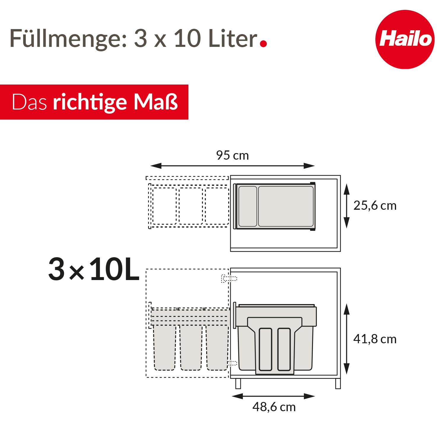 Hailo EcoLine Design Trio L Einbau-Mülltrennungs-System 3x10 Liter - Trio-Mülleimer mit Vollauszug - Stahlblech - schwarz - ab 30 cm Schrankbreite