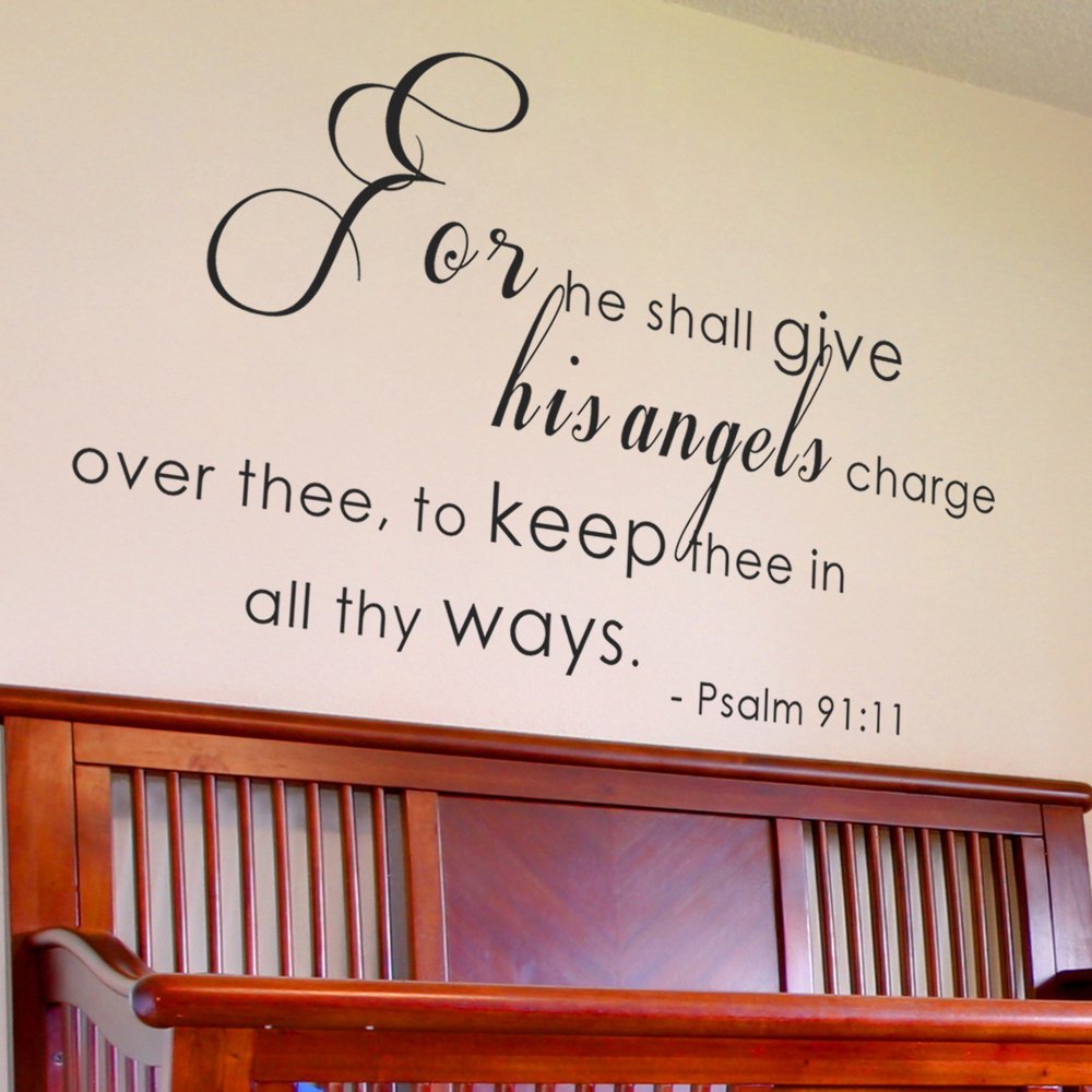 WallPlaza for He Shall give His Angels Charge Over You Psalm 91:11 Decorations Inspirational Wall Art Sayings Vinyl Letters Stickers Decals (34x20 White)