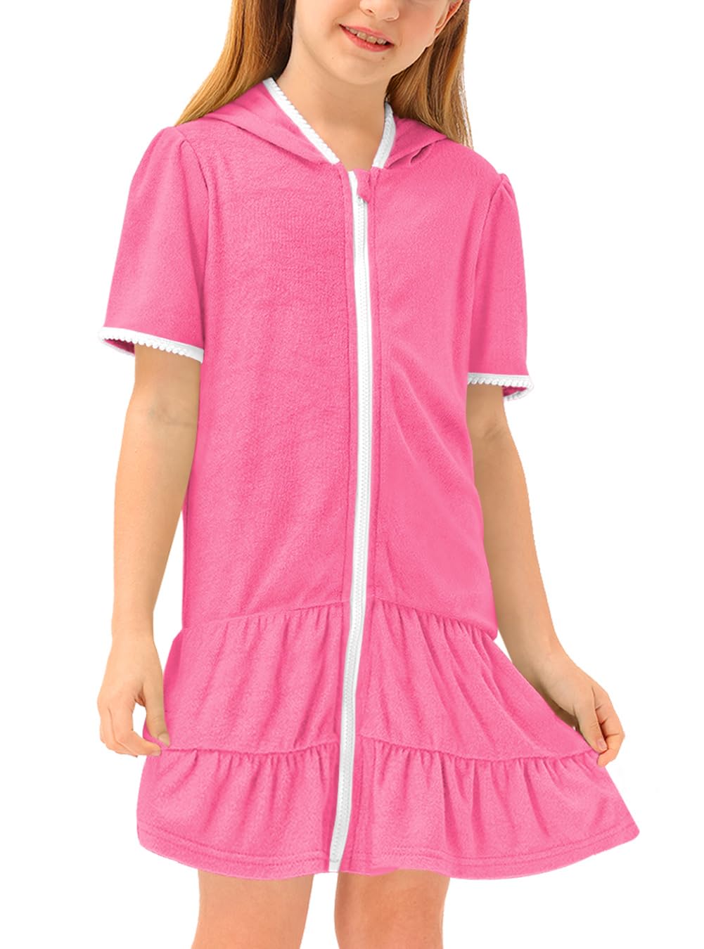 BesserBay Summer Girls Terry Beach Quick Dry Cover Up with Pockets Tiered Ruffle Hem Smocked Bathrobe Hooded 3-14 Years