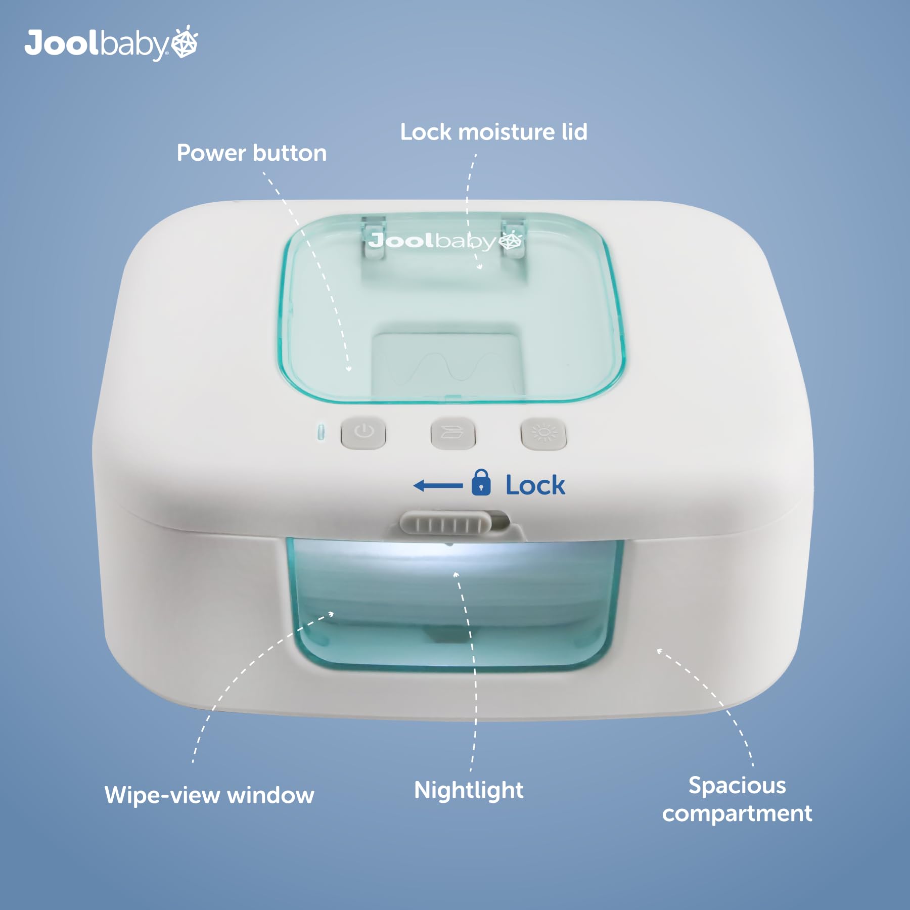 Jool Baby TinyBums Scaldasalviette Dispenser LED Luce Cambia Interruttore On/Off Aqua