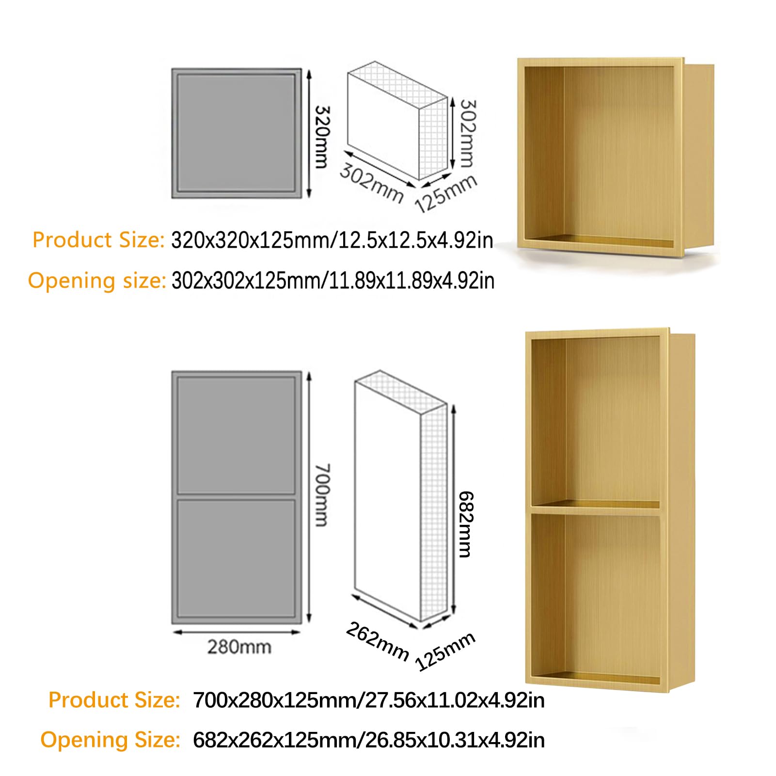 Mensola quadrata da parete, in acciaio inox, per riporre shampoo e sapone, finitura dorata, 70 x 27,9 x 12,4 cm, elegante accessorio da bagno