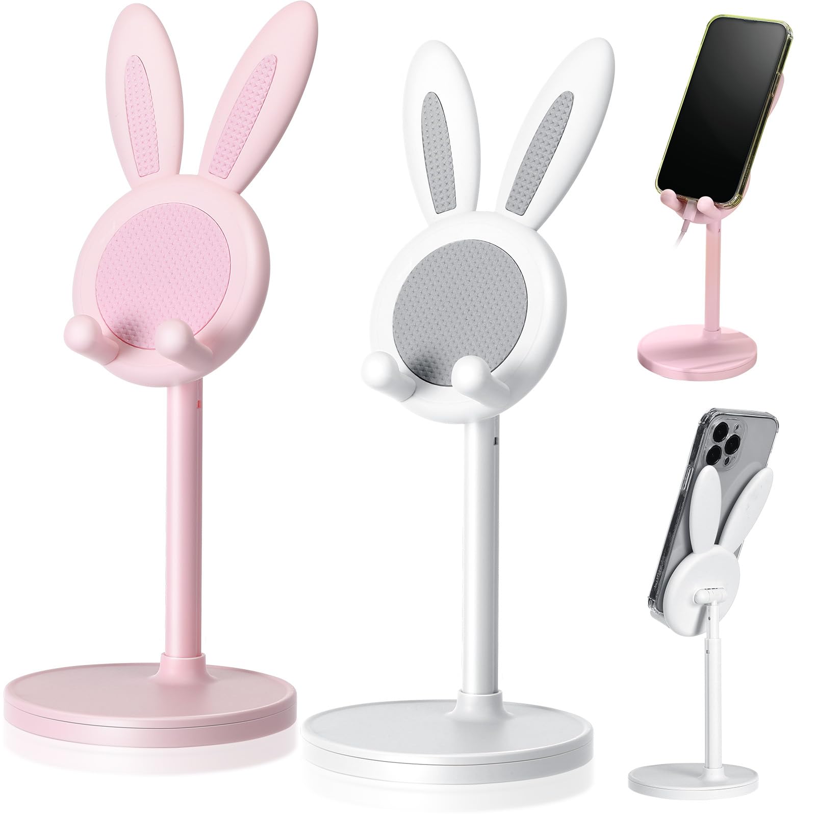 Kathfly 2 Pack Cute Phone Stand, Adjustable Bunny Phone Stand for Desk, Kawaii Holder Desk Accessories Bunny Gifts Favor for Girl Women(Pink and White)