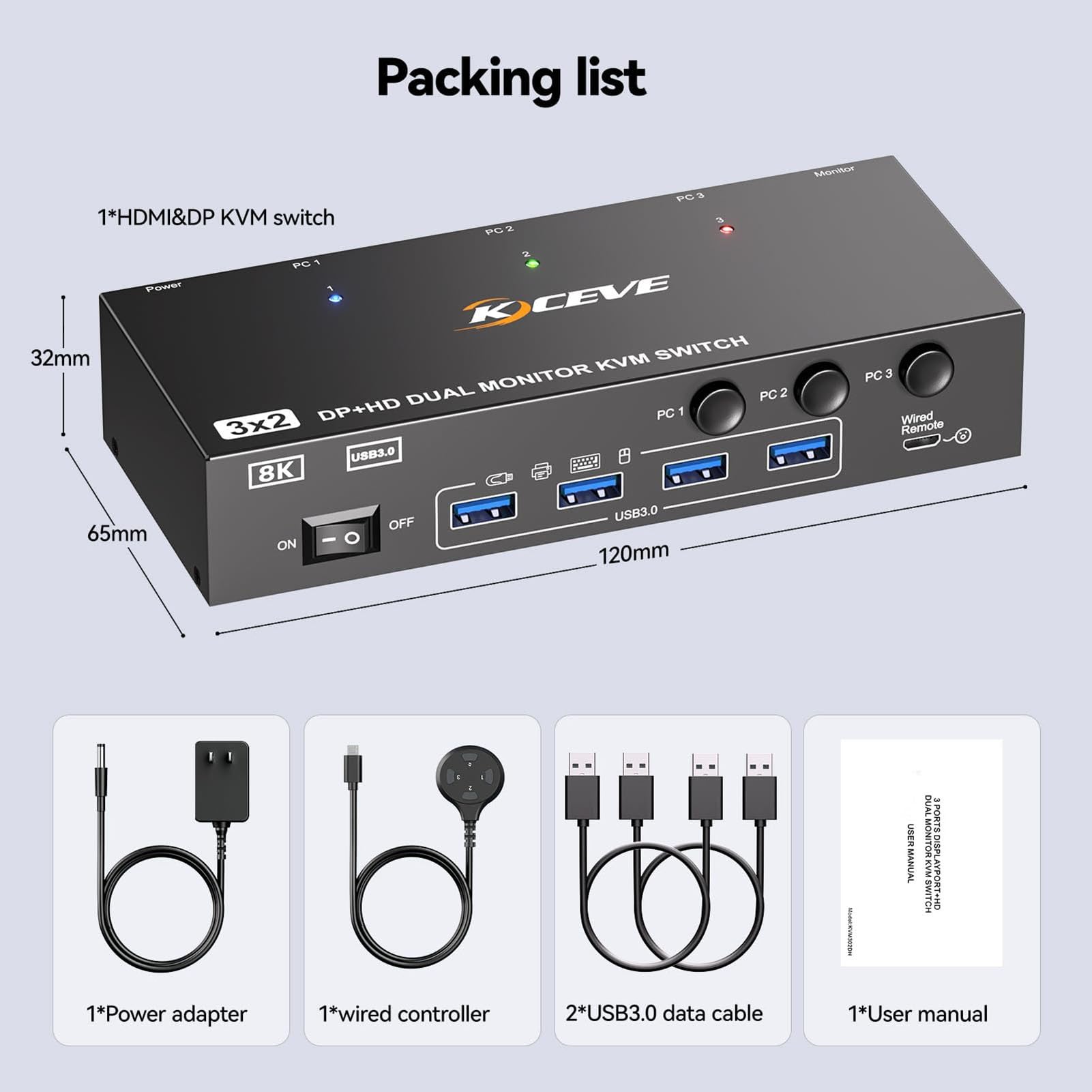 Przełącznik KVM HDMI Dispalyport, rozszerzenie replikacji HDMI+DP, 8K przy 60 Hz/4K 144 Hz, podwójny przełącznik USB 3.0 KVM na 3 PC, udostępnianie 4 portów USB 3.0 i 2 ekrany