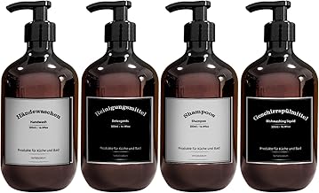 Dispenser di sapone in plastica, set da 4 dispenser di sapone da 300 ml, con etichette, set di bottiglie a pompa, per bagno, bottiglia di shampoo (300 ml, marrone)