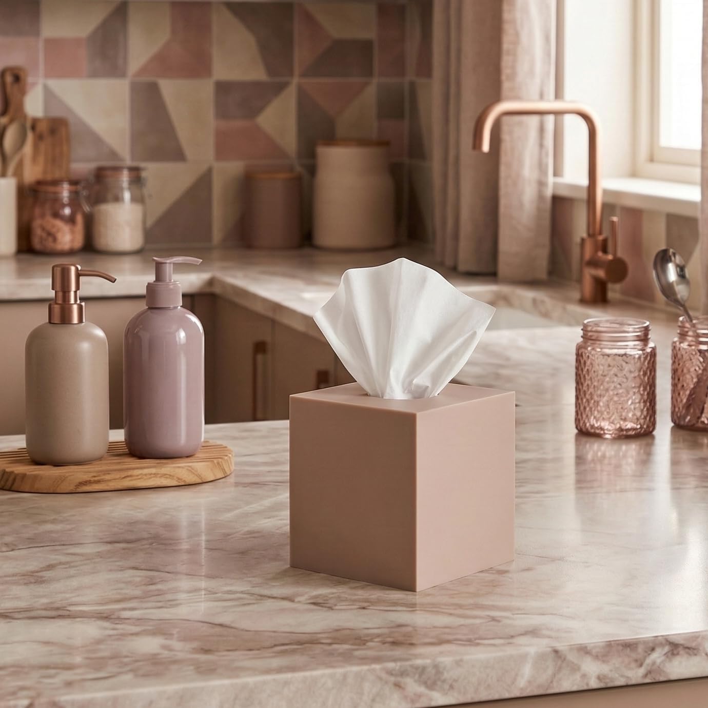 Square Tissue Box Cover | Fits Standard Square Tissue Boxes | Tan Tissue Box Holder for Bathroom | Premium Acrylic Tissue Cover | Cube Tissue Holder | 5.3" x 5.3" x 5.5" | My Space Organizer image 3