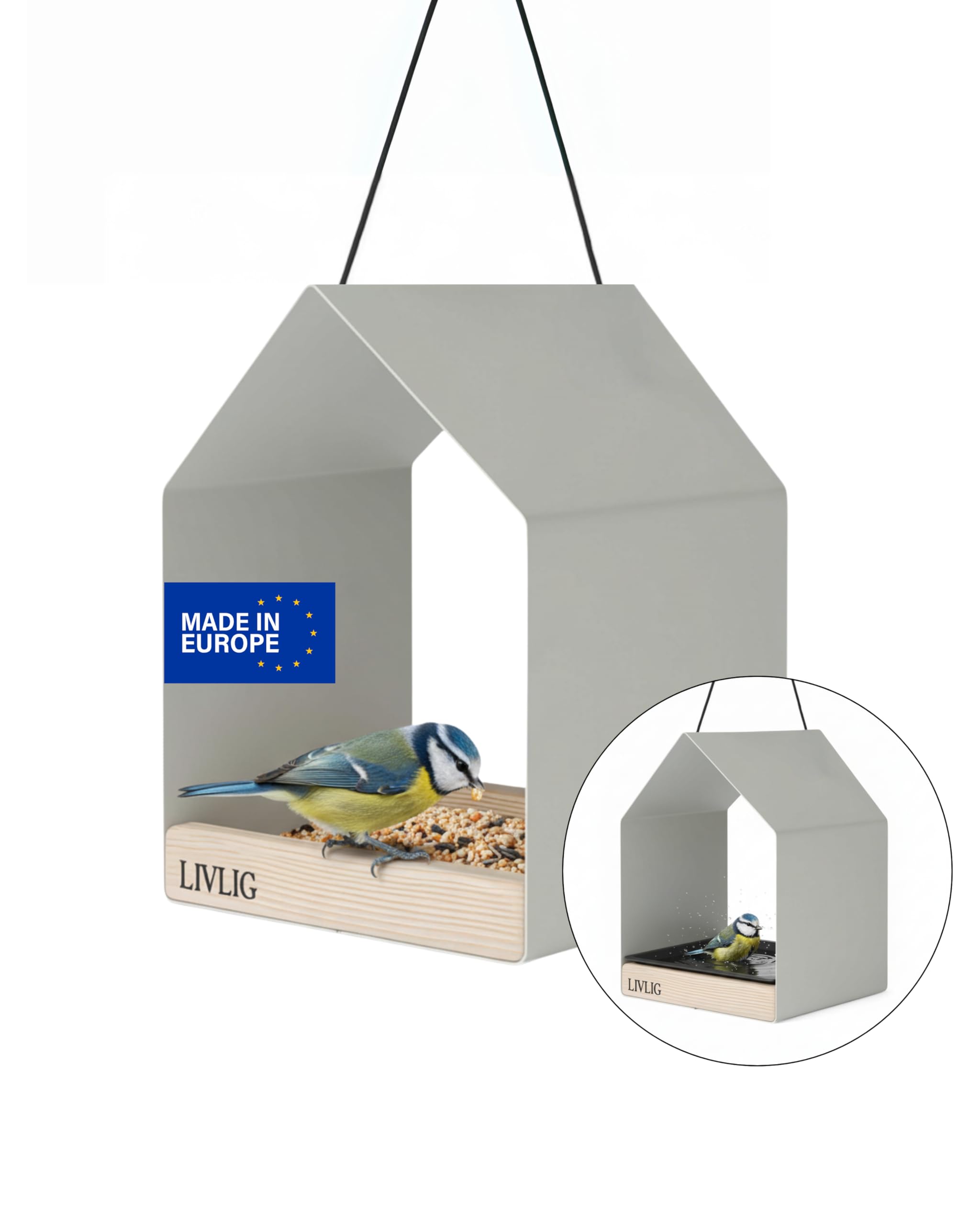LIVLIG Vogelhaus Metall – 2in1 Vogelfutterhaus & Vogeltränke, Design Vogelhaus zum Aufhängen, wetterfestes Futterhaus für Vögel ganzjährig, Futterspender Vögel, Greige