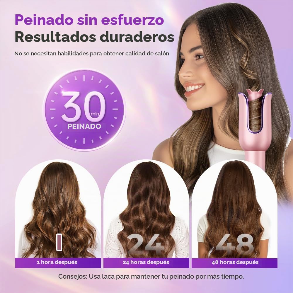 Rizador Pelo Ondas, Tenacillas Pelo 23mm de Iones Negativos, Tenacillas para Rizar el Pelo 3 Temperatura, Diseño Anti-escaldado, Rizador de Pelo Automatico Inteligente