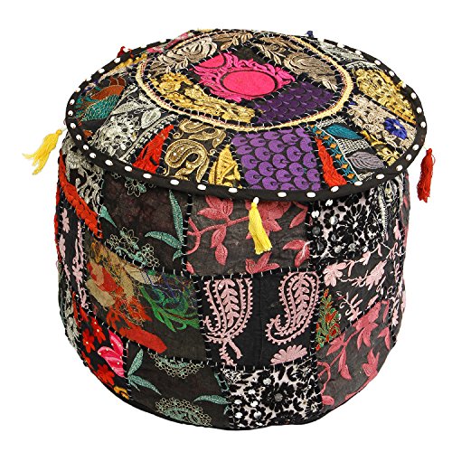 Icrafts India Indische Vintage Ottomaanse Poef Cover,Patchwork Ottoman, Woonkamer Patchwork voet krukje Cover,Decoratieve Handgemaakte Stoel Cover 14x22x22 Inch Zwart