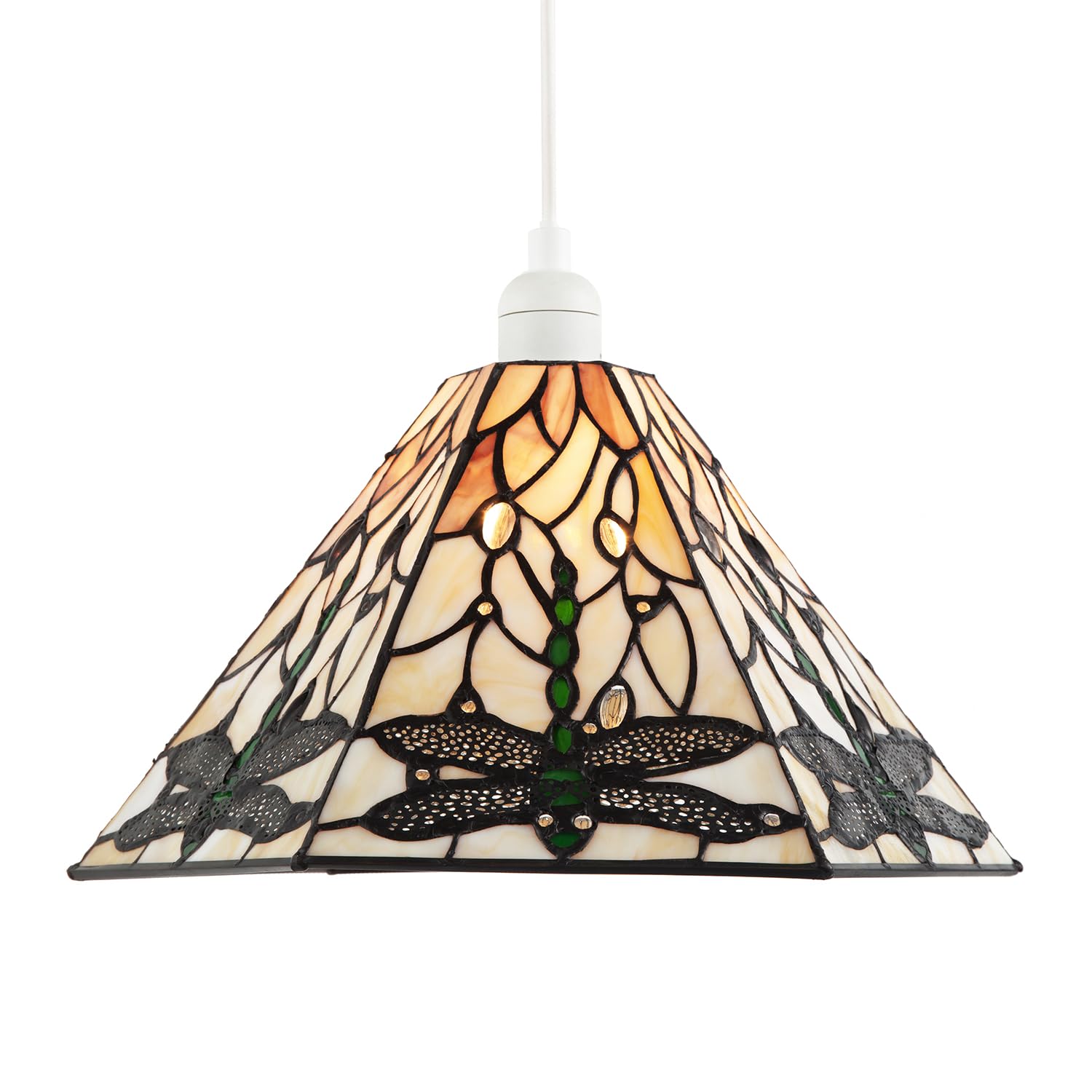 Happy Homewares Multi-Coloured Green Dragonfly Tiffany Glass Pendant Light Shade With Hexagonal Shape | Amber And Purple Stained Glass Panels With Clear Gems By