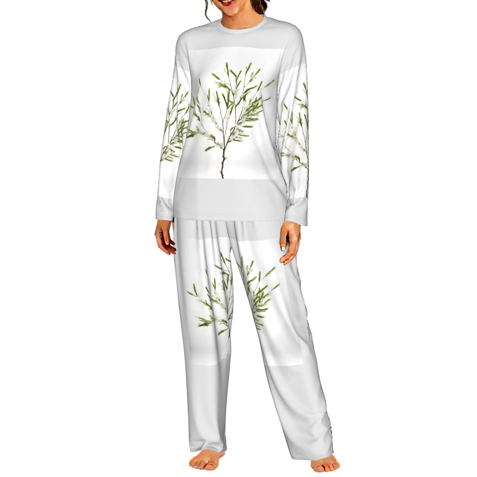 Bianco Pianta Naturale Verde Ramoscello (1) Stampa Donne Manica Lunga Pigiama Corrispondente Morbido Spiaggia Vacanze Nightwear Regalo Casual