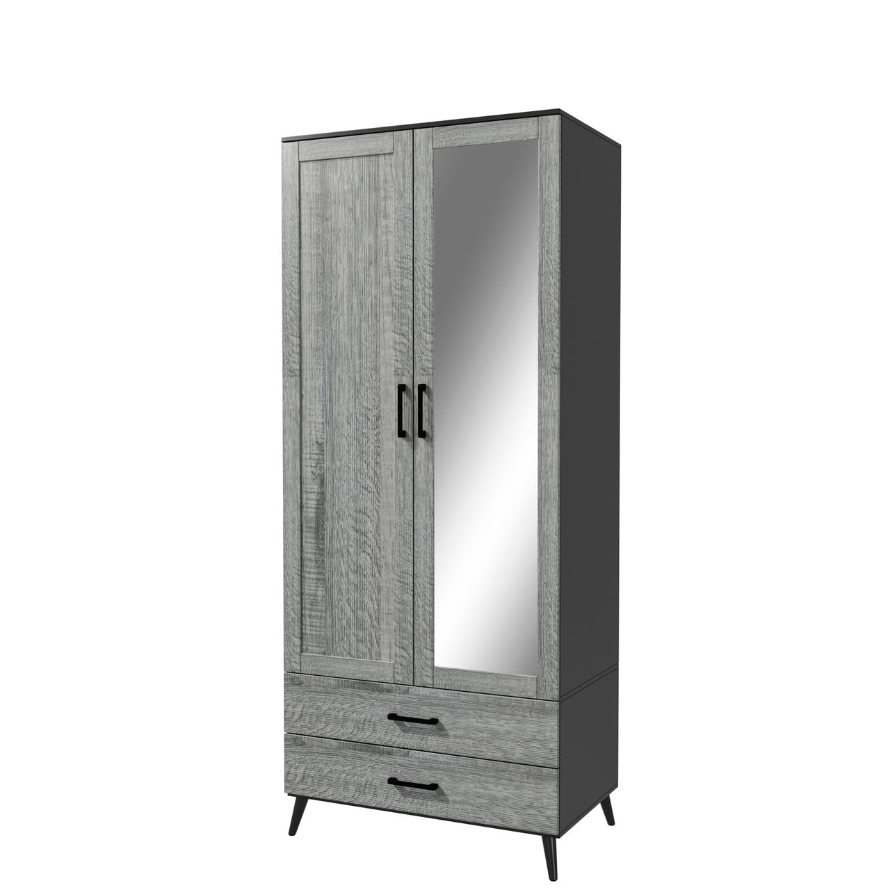 URBNLIVING 180cm Tall Black Freestanding Mirror Wardrobe with Ash Grey 2 Door 2 Drawer Modern Shelf Clothes Storage Cupboards Unit for Bedroom Hanging Rail with Wooden legs — image 1