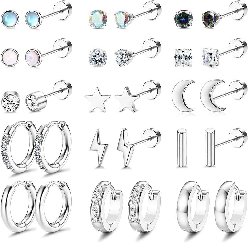 HAIAISO15 Pairs Surgical Steel Earrings Set for Women Men Hypoallergenic Flat Back Earrings Small Hoop Cartilage Earring Sets for Multiple Piercing Flatback Stud Earrings for Sensitive Ears