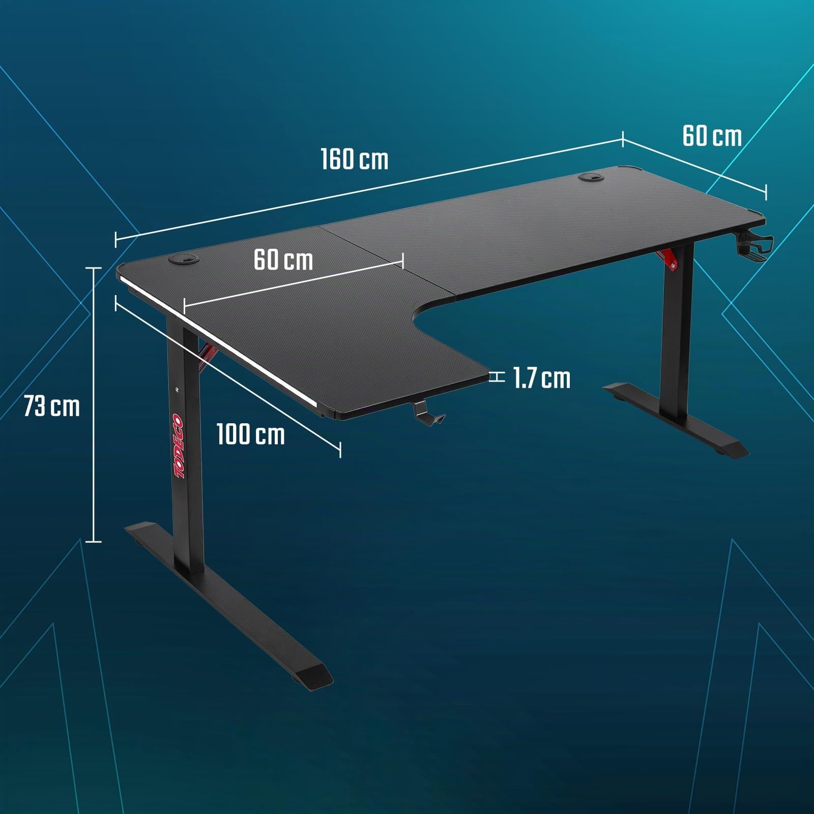 Todeco Bureau Gaming en L, Bureau d'angle 160 × 100 cm avec Éclairage LED