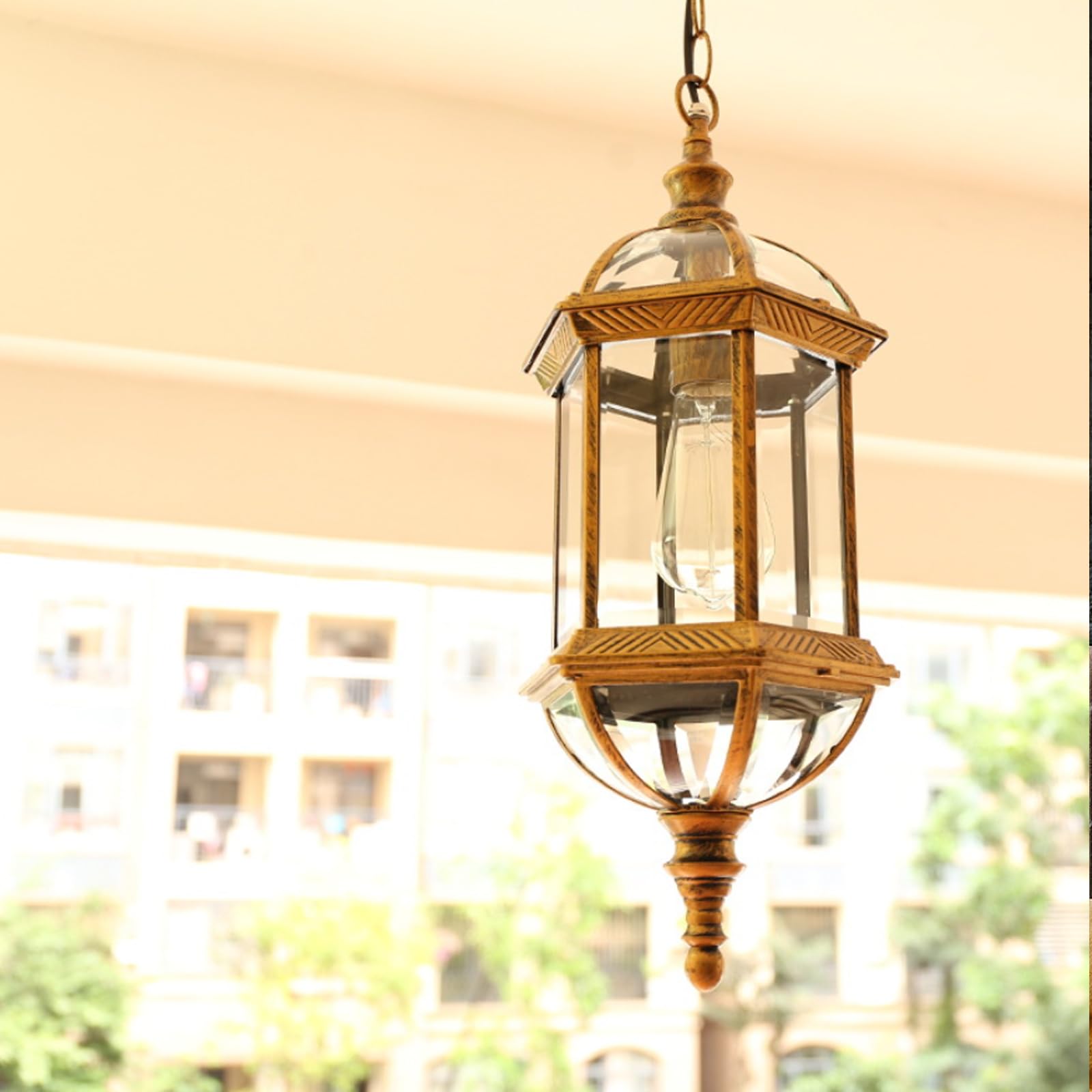 HYJAUSXB Outdoor Pendant Light Waterproof Vintage Lantern Ceiling Chandelier E27 Hanging for Porch, Garden, Patio, Corridor, BalconyBrass,M