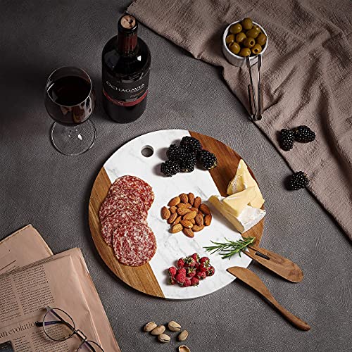 Marble Cheese Board With Acacia Accent 12" Round - Beautifully Handcrafted Charcuterie Board For Two - Round Cutting Board - Wonderful Housewarming Gift #TOP4