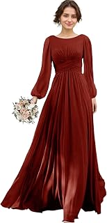 Long Sleeve Bridesmaid Dresses for Wedding Chiffon Pleated Formal Evening Party Dresses for Women 2024