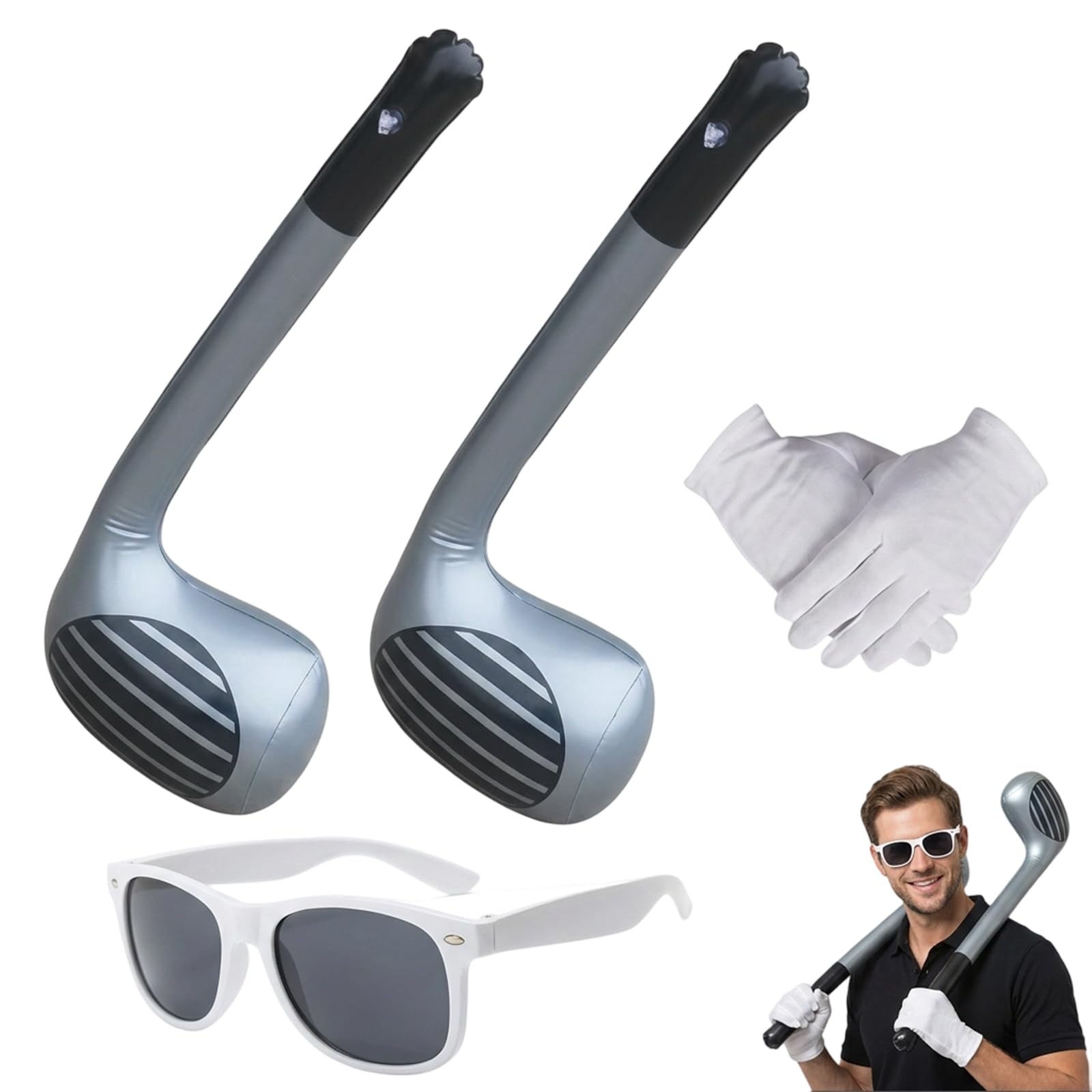XcnPer 4Pcs For Pub Golf Events,Inflatable Golf Club, Pub Golf Fancy Dress Set with Two Blow Up Golf Clubs, White Gloves and White Eyewear, Ideal for Golf Themed Parties