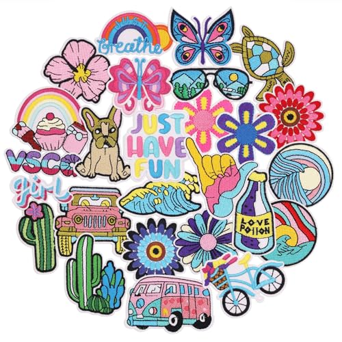 Winrase 25pcs Purple Theme Iron On Patches, Tropical-Style Sew On Applique Patches Wave Cactus Butterfly Embroidered Patches for Clothing Hats Jackets Backpacks (Purple-Theme 25pcs)