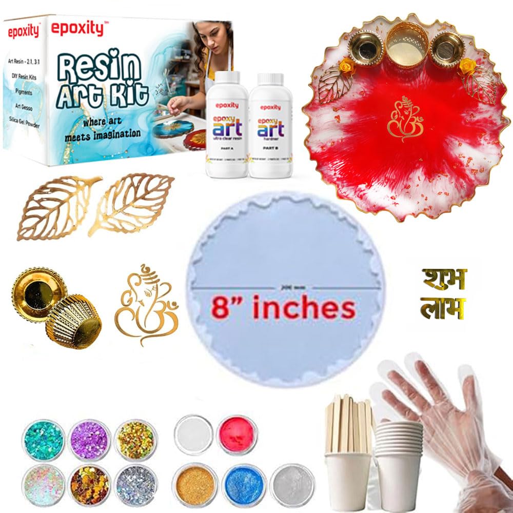 Epoxity Resin Pooja Thali DIY Kit Includes 2:1 Epoxy Resin, 8" Puja Thali Agate Mould with Glitter, Pigments Rasin Liquid Raisin Liquid rasin
