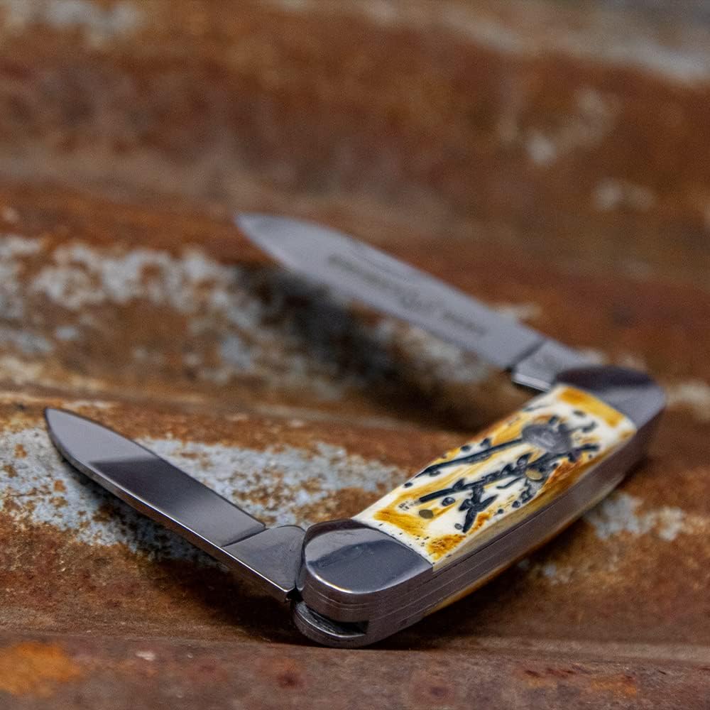 WHISKEY BENT HAT CO. Traditional Canoe Folding Knife 3.63" Closed Length 440C Stainless Steel Blades (Carved Burnt Bone)