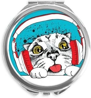 Red Headset White Cat Protect Animal Pet Lover Hand Compact Mirror Round Portable Pocket Glass