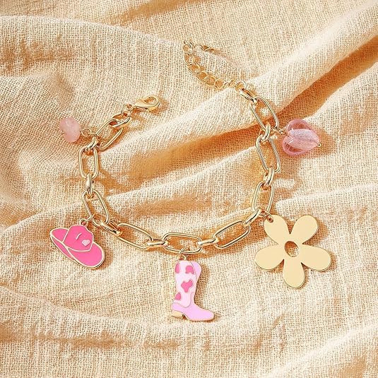 Cowboy Boot Hat Bracelet with Flower Western Jewelry for Women Cowgirl Charms Bracelet Gifts2