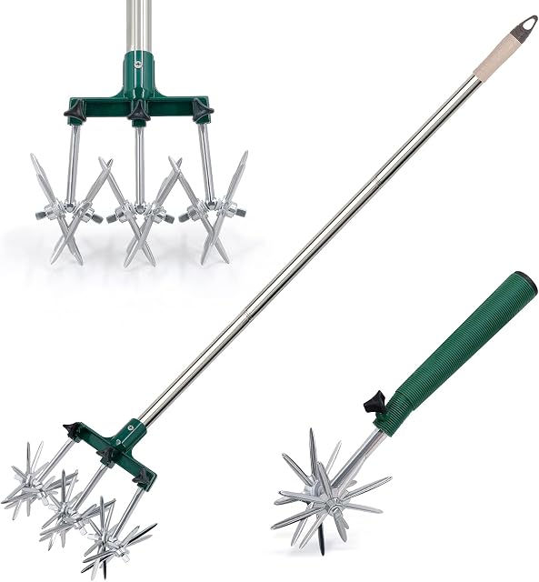 Hortem Rotary Cultivator Set, 25"-63" Adjustable Gardening Rotary Tiller and Hand-Held Garden Cultivator Tool with Steel Detachable Tines, Reseeding Grass or Soil Mixing
