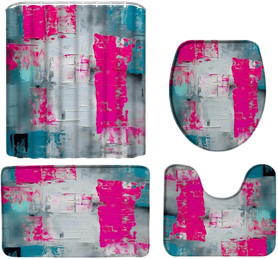 4 Piece Turquoise Gray Hot Pink Shower Curtain Sets Burnt Blue Teal Hot Pink Gray Abstract Modern Art 70"x70" Bathroom Curtain with Hooks,29.5"x17.8" Bath Mat,Toilet Seat Cover,U-Shaped Rug