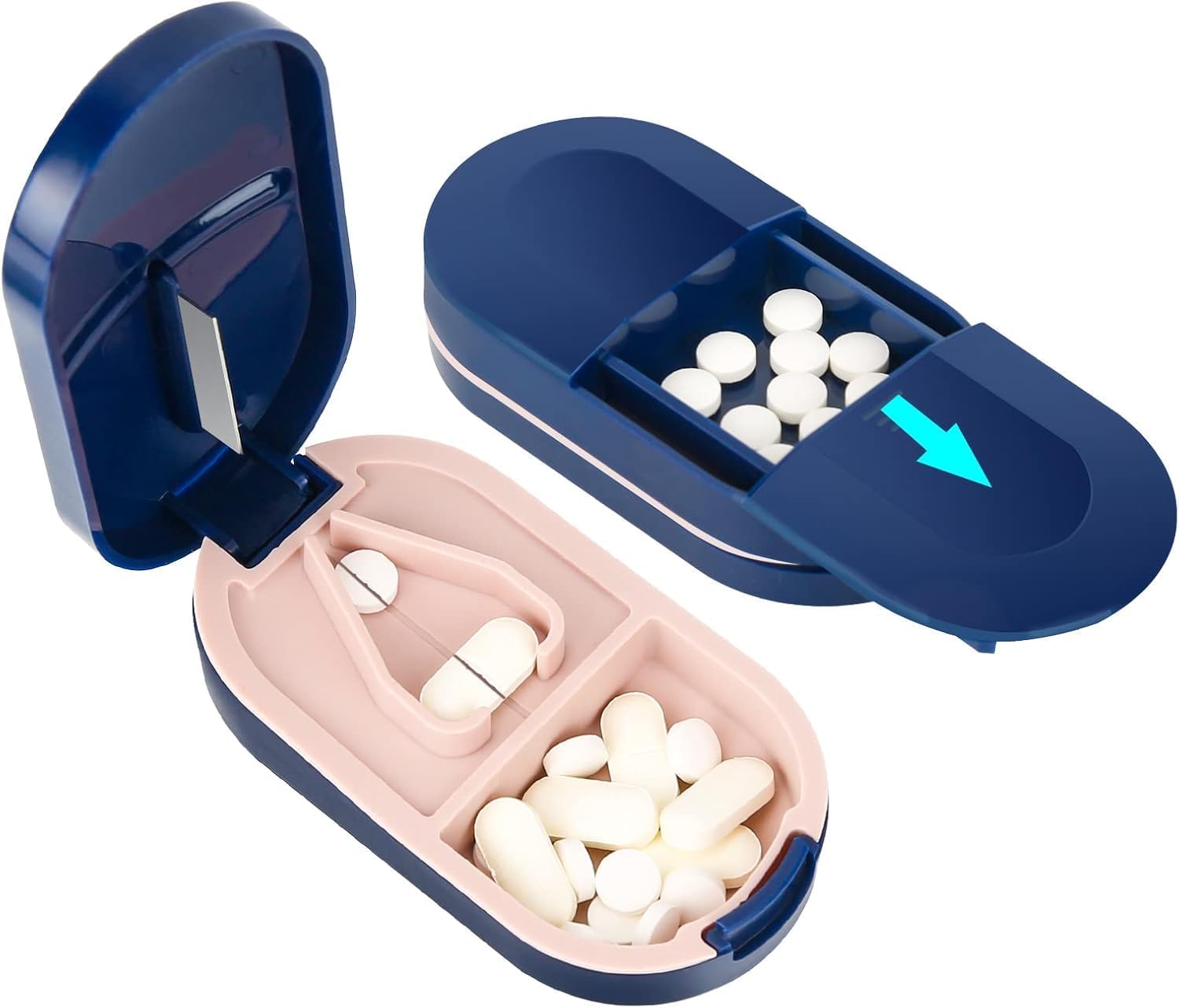 QIQVERT Portable Medicine Container Box with Pill Cutter for Small and Large Tablets Dual-Purpose Pill Storage Organizer for Everyday Use Medicine Organizer Tablet Box for Medicine Box for Travel BLUE-image-32