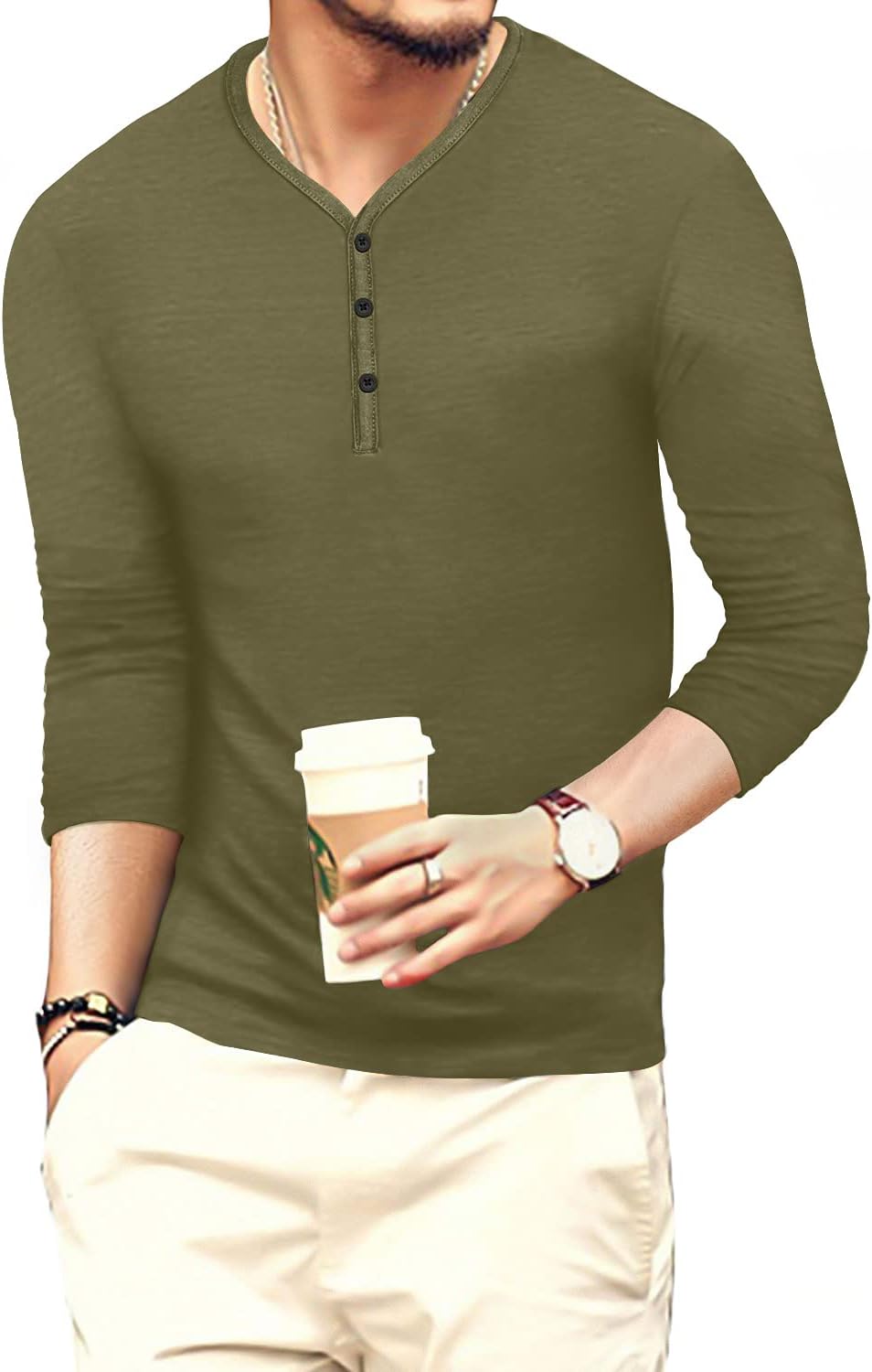MLANM Mens Casual Slim Fit Basic Henley Short/Long Sleeve Fashion Cotton T-Shirt - Image 4