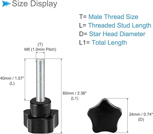 Miniatura 23 de Perillas de sujeción de estrella, rosca macho M6 x 1.969 in, cabeza de 1.260 in, mango de tornillo de pulgar de plástico, perno roscado negro