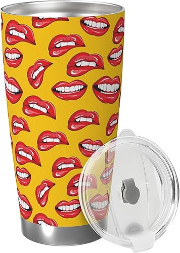 Miniatura 2 de Evealyn Vaso aislado de 20 onzas para mujer, sonriendo y mordiendo sus labios rojos, taza de café de acero inoxidable con tapas para el hogar y la