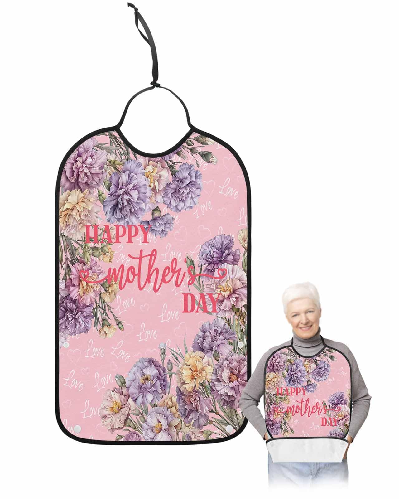 LEOKOTI Happy Mother's Day Adult Bibs for Eating, Waterproof Bibs with Food Catcher & Adjustable Snap Closure, Pink Love Heart Purple Spring Floral Washable Clothing Protectors Adult Bibs for Elderly