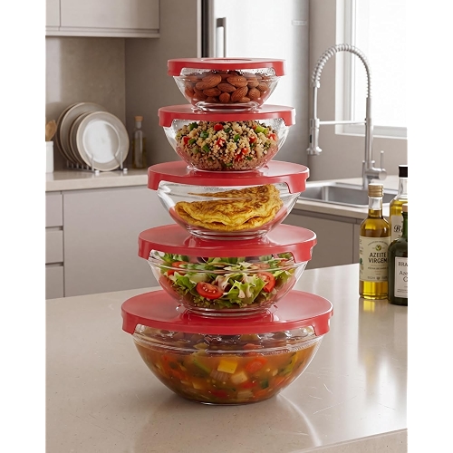 Jogo de Potes de Vidro Bowl com Tampa 5 Peças para Mantimentos e Alimentos Chalesco