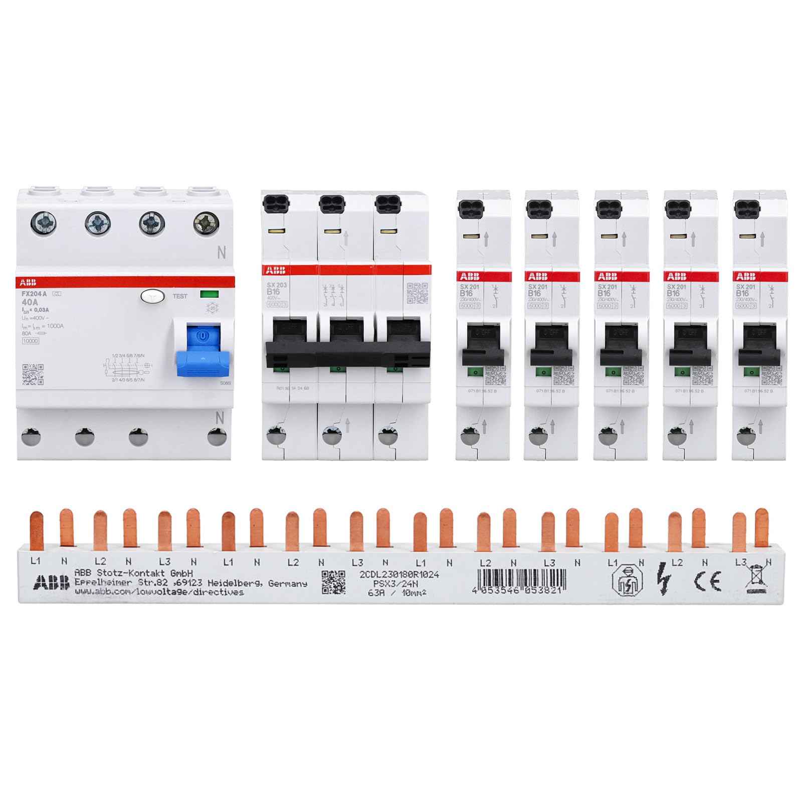 ABB FlexLine Set: 5x SX201-B16 Leitungsschutzschalter B + 1x SX203-B16 Leitungsschutzschalter B + 1x FX204 A-40A/0.03 FI-Schutzschalter + 1x PSX3/24N Phasenschiene
