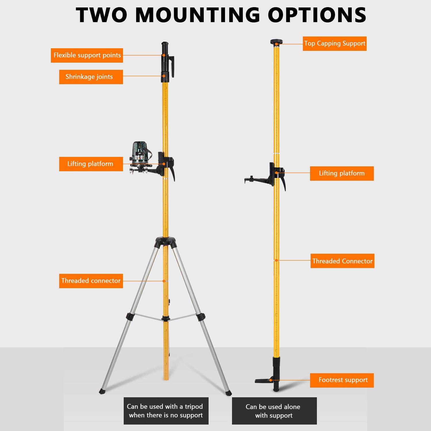 Perche Télescopique 3m/10ft, Trepied Laser avec Réglage Hauteur, Tige Telescopique Niveau Laser 360° Rotation, Support Niveau Laser avec Filetage ExtéRieur 1/4" et Adaptateur de Filetage 5/8"