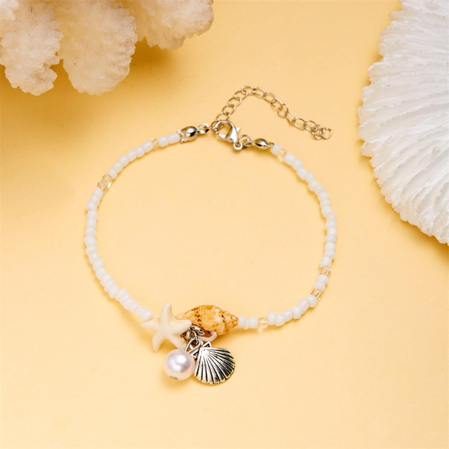 Beach Puka Shell Anklet for Women Waterproof Beaded Ankle Bracelets Adjustable Starfish Seashell Pearl Foot Chain Boho Jewerly Present for Summer Beach Party - Image 3
