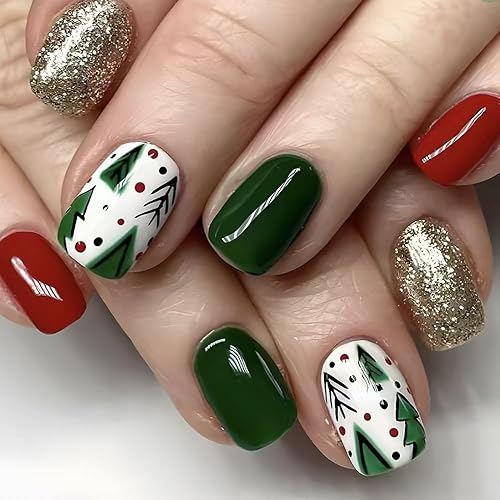 Christmas Press on Nails Short Square Fake Nails with Christmas