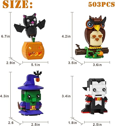 Miniatura 6 de Taojiyuan Kit de construcción de decoración de Halloween, murciélago, calabaza, vampiro, búho, mago, bloques de construcción para niños, 4 lindos