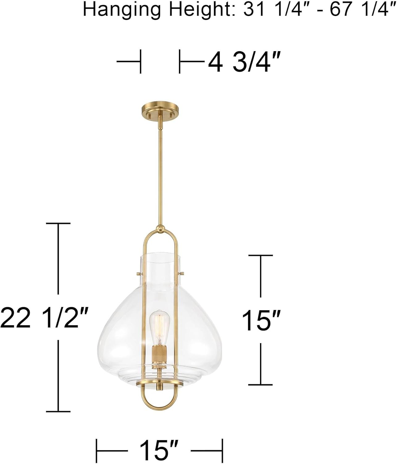 Possini Euro Design Hermine Soft Gold Pendant Light 15" Wide Modern Glam Open Oval Frame Clear Glass Curvy Shade Fixture for Dining Room House Foyer Kitchen Island Entryway Bedroom High Ceilings